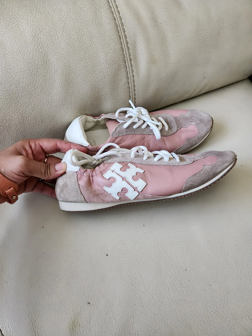 Tory Burch Pink Leather & Taupe Suede Logo Sneakers